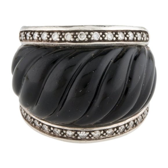 DAVID YURMAN STERLING SILVER ONYX & DIAMOND SCULPTED DOME BAND RING - Picture 4 of 8